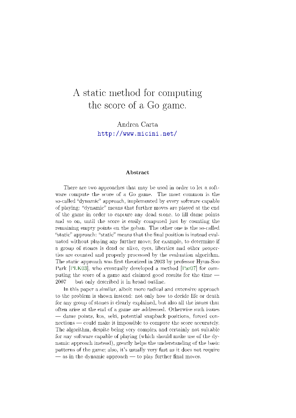 A Static Method for Computing the Score of a Go Game