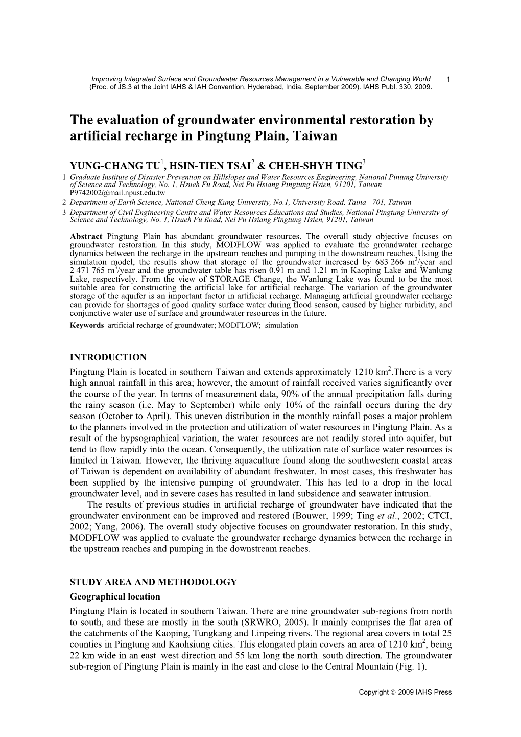 The Evaluation of Groundwater Environmental Restoration by Artificial Recharge in Pingtung Plain, Taiwan