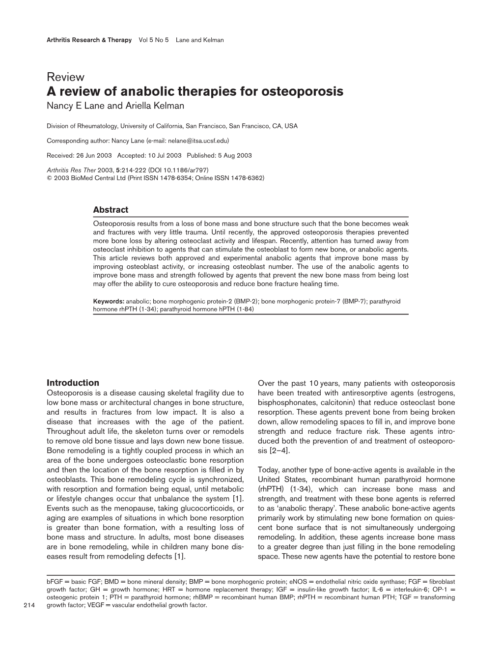 A Review of Anabolic Therapies for Osteoporosis Nancy E Lane and Ariella Kelman