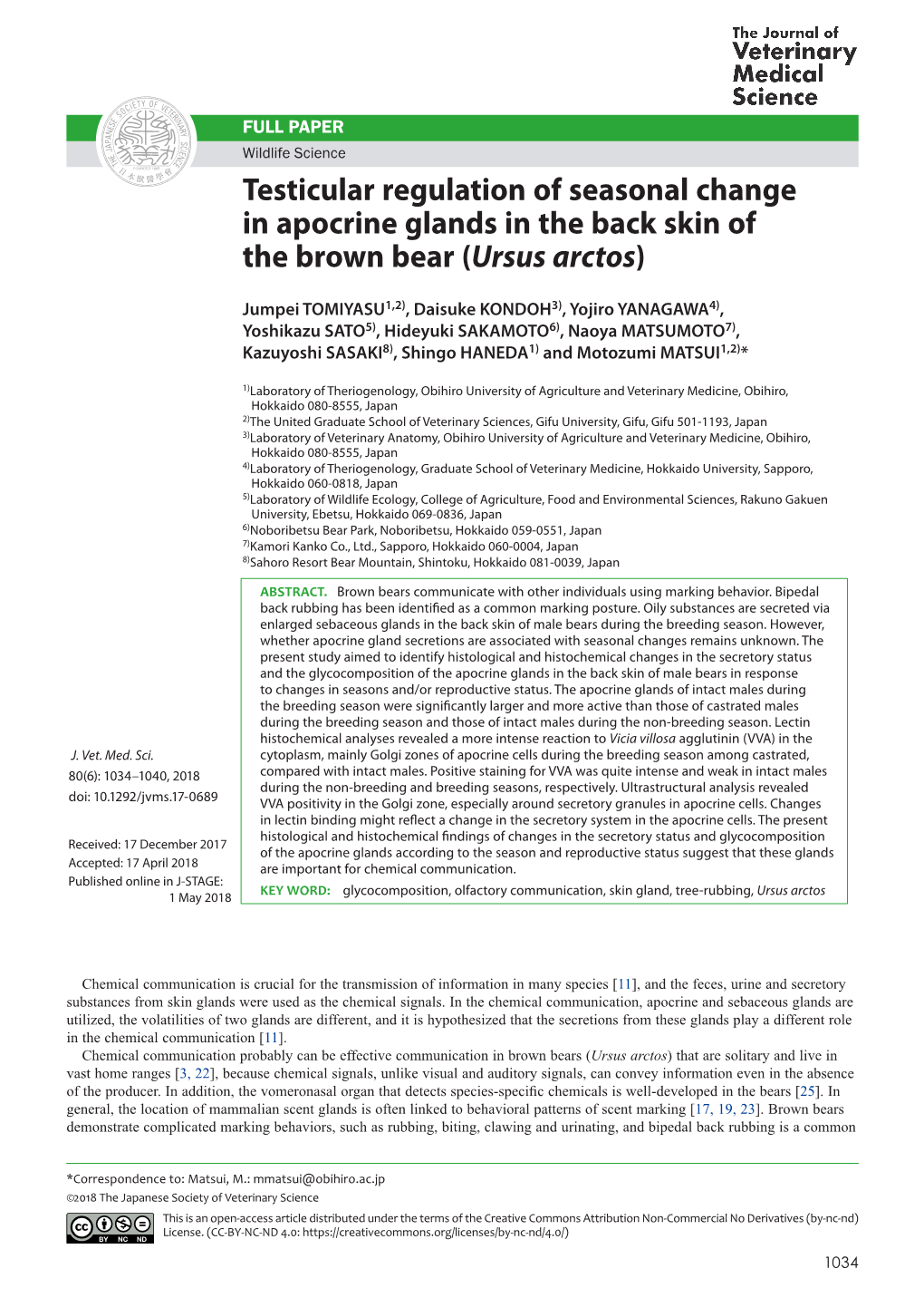 Testicular Regulation of Seasonal Change in Apocrine Glands in the Back Skin of the Brown Bear (Ursus Arctos)