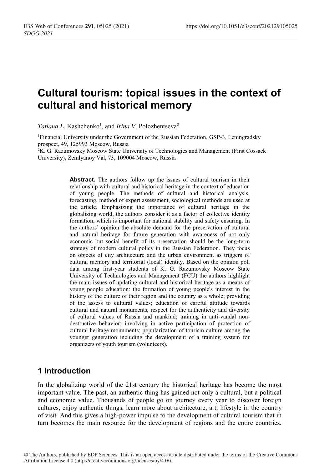 Cultural Tourism: Topical Issues in the Context of Cultural and Historical Memory