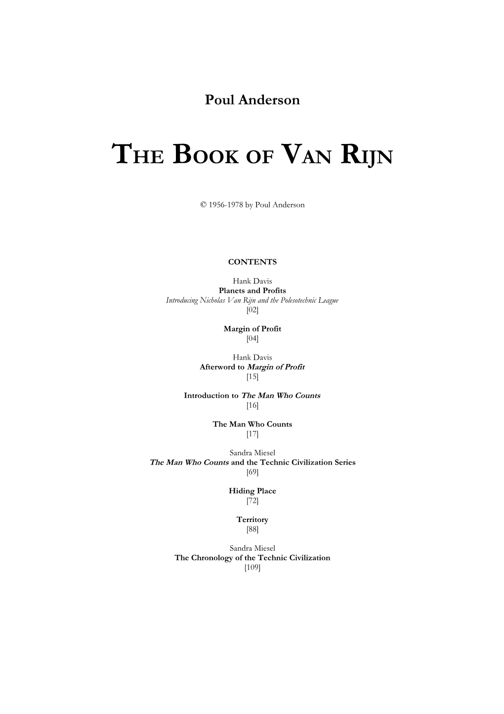 Poul Anderson the BOOK of VAN RIJN