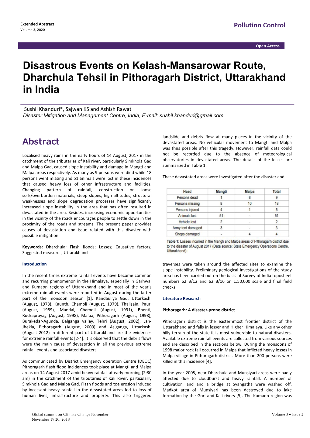 Disastrous Events on Kelash-Mansarowar Route, Dharchula Tehsil in Pithoragarh District, Uttarakhand in India