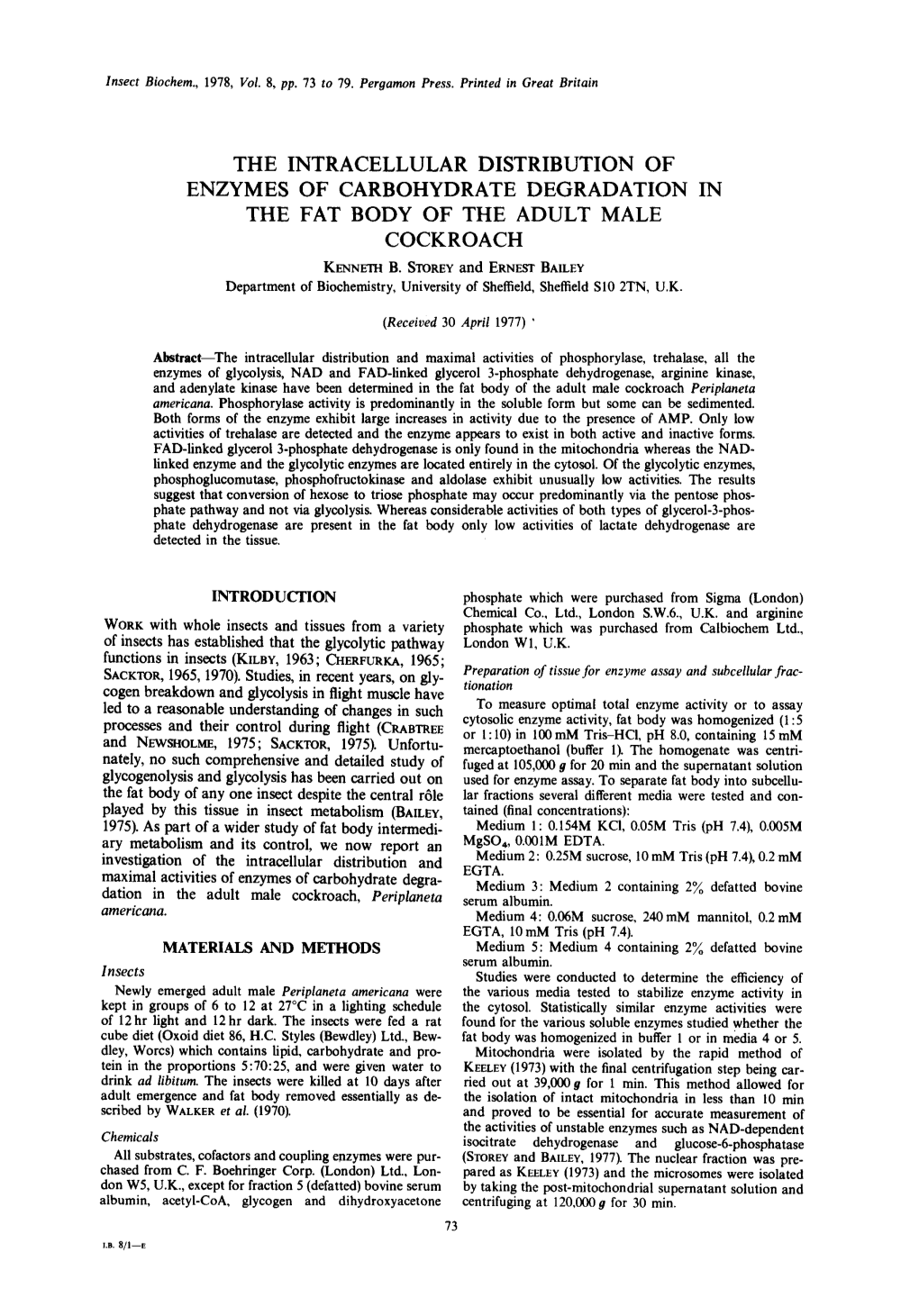 The Intracellular Distribution of Enzymes of Carbohydrate Degradation in the Fat Body of the Adult Male Cockroach Kenneth B