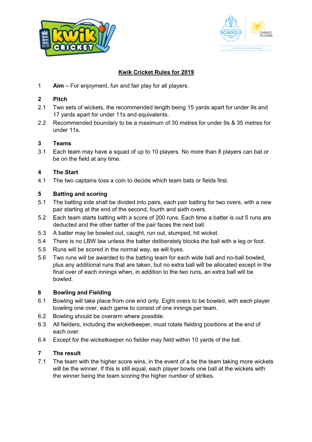 Kwik Cricket Rules for 2019