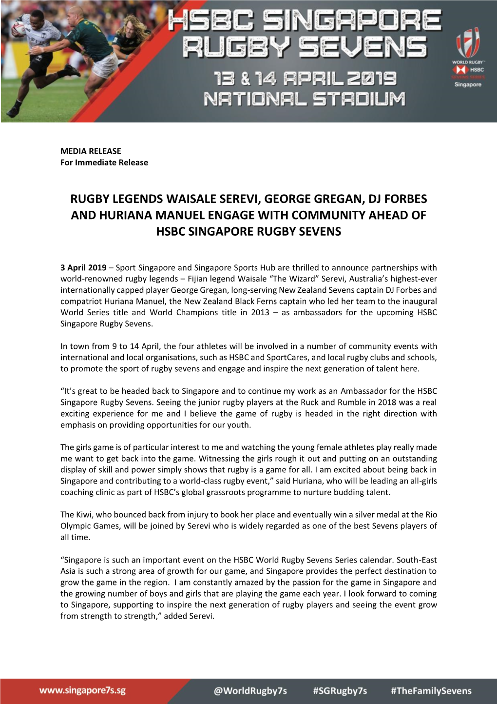 Rugby Legends Waisale Serevi, George Gregan, Dj Forbes and Huriana Manuel Engage with Community Ahead of Hsbc Singapore Rugby Sevens