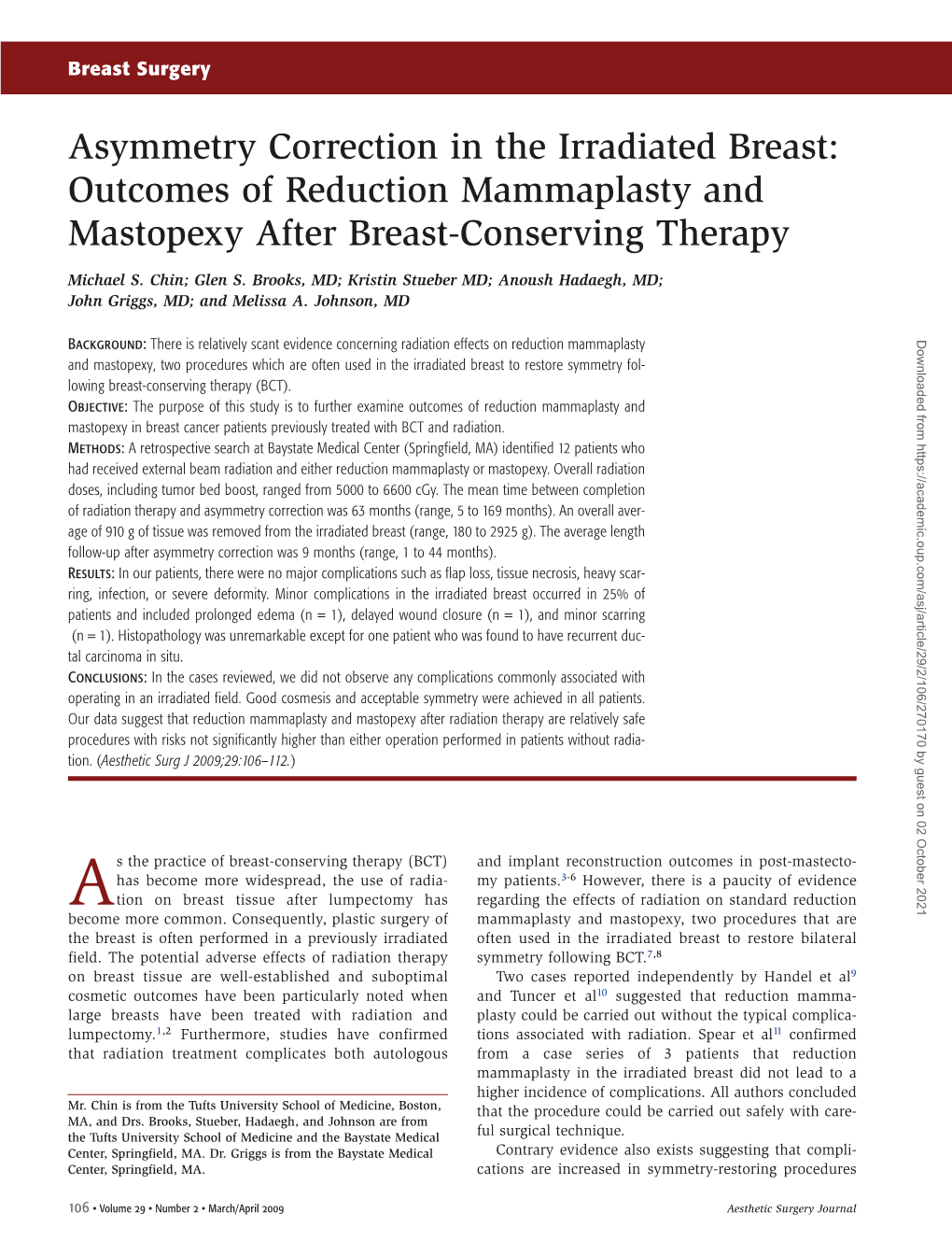 Asymmetry Correction in the Irradiated Breast: Outcomes of Reduction Mammaplasty and Mastopexy After Breast-Conserving Therapy