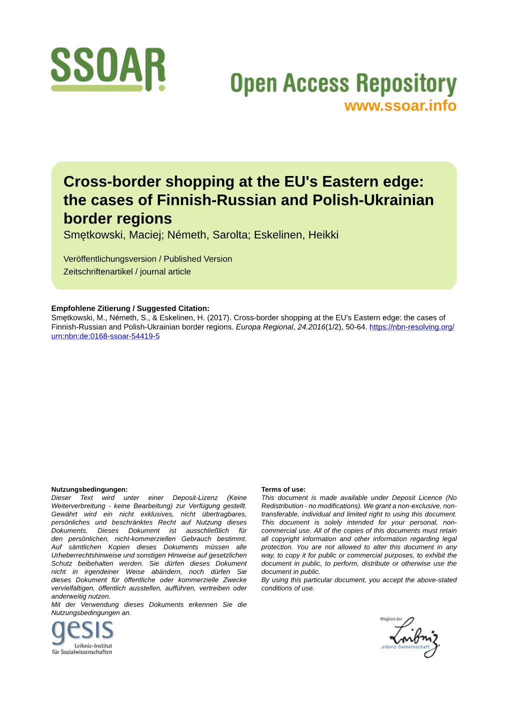 The Cases of Finnish-Russian and Polish-Ukrainian Border Regions Smętkowski, Maciej; Németh, Sarolta; Eskelinen, Heikki