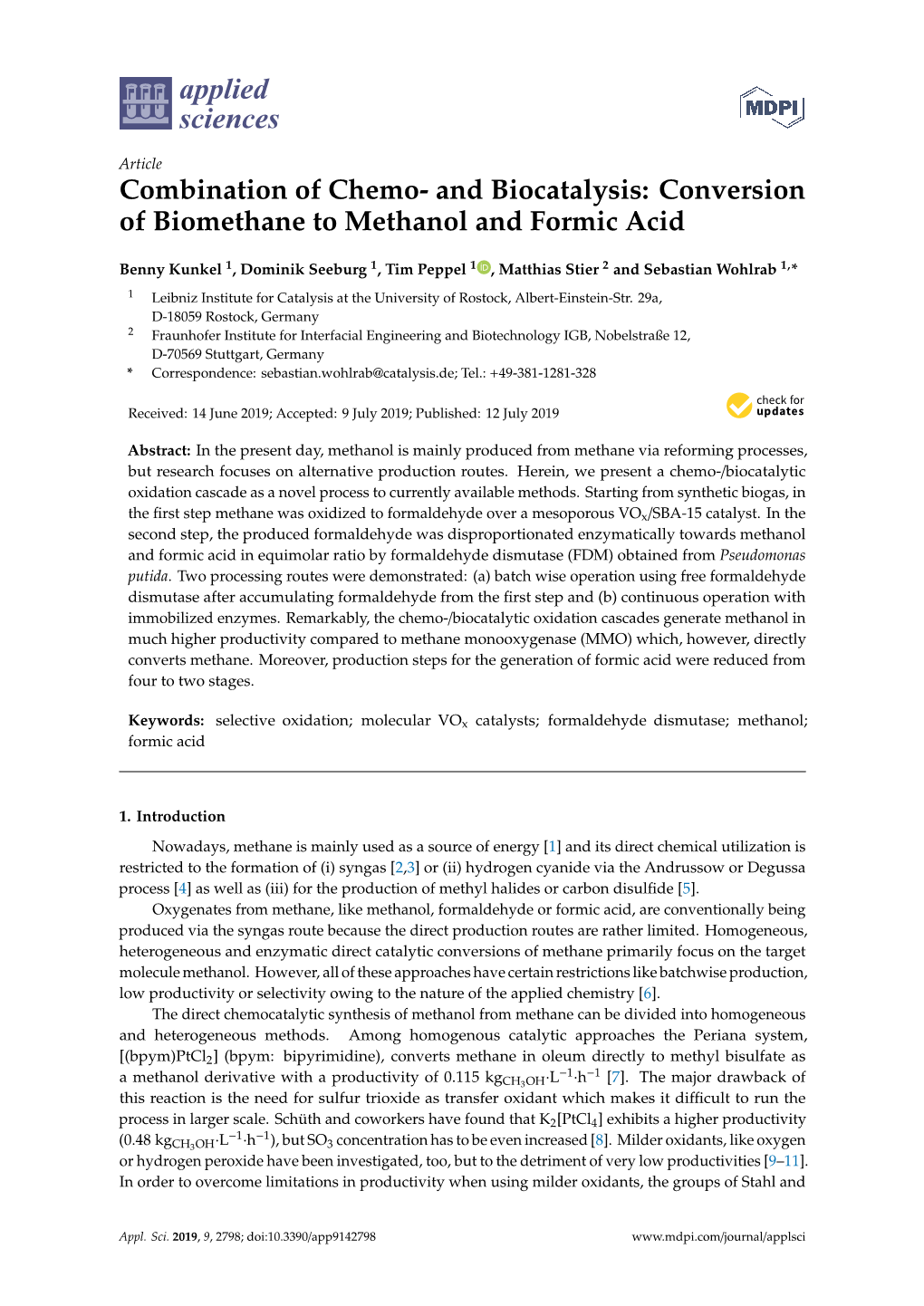 Conversion of Biomethane to Methanol and Formic Acid