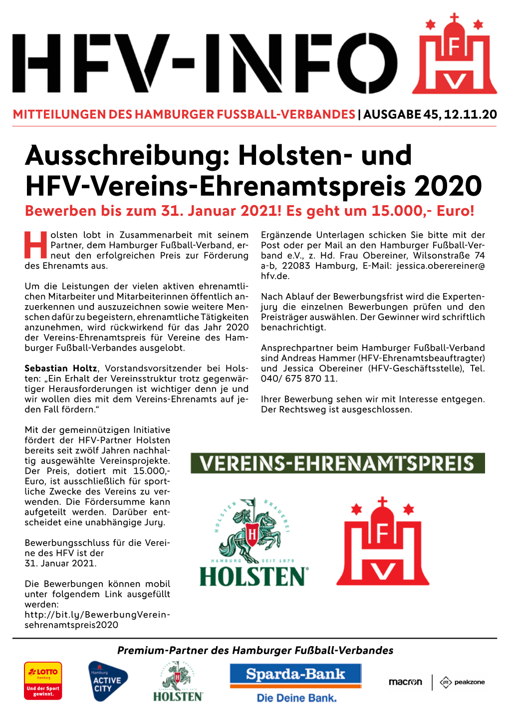 Ausschreibung: Holsten- Und HFV-Vereins-Ehrenamtspreis 2020 Bewerben Bis Zum 31