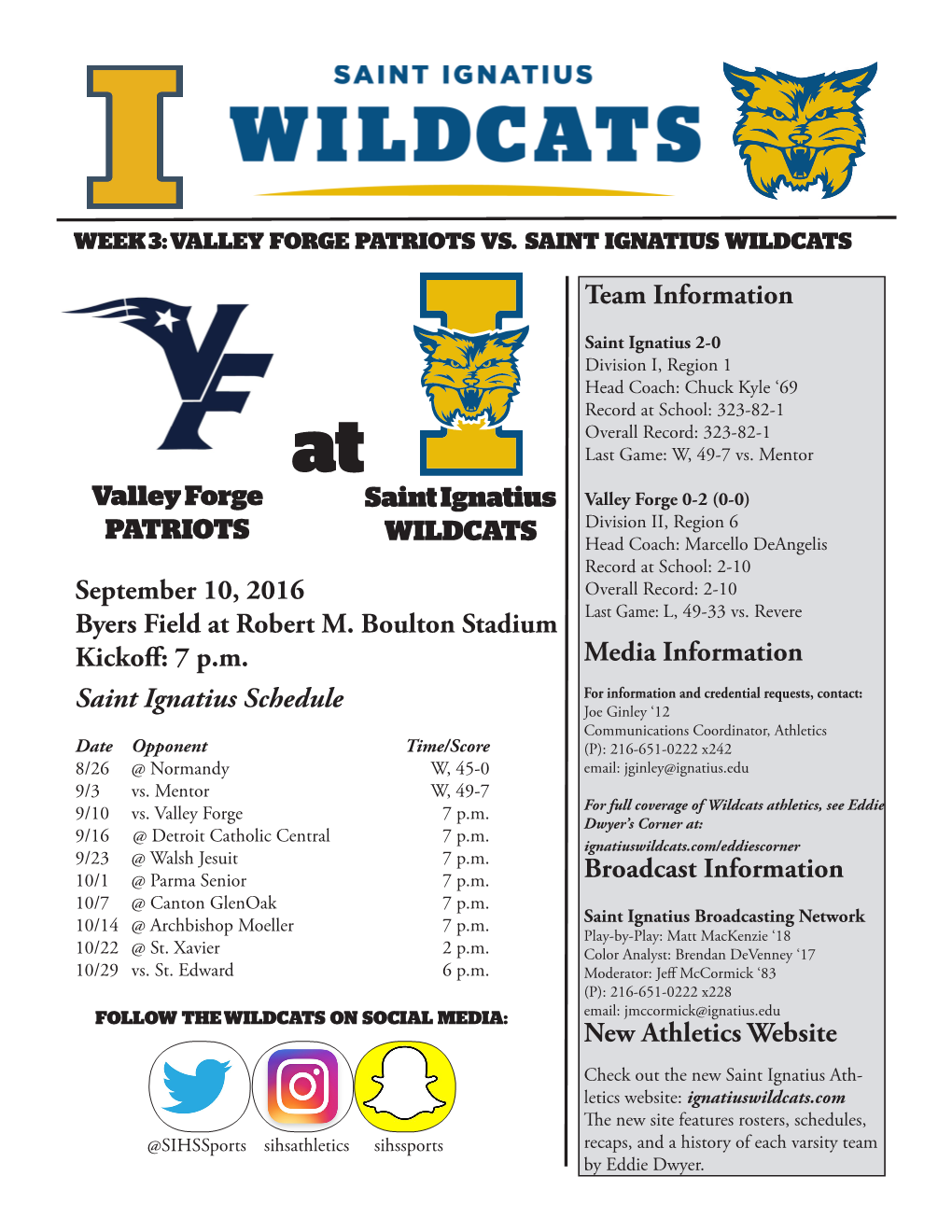 7 Pm Team Information Saint Ignatius WILDCATS Valley Forg