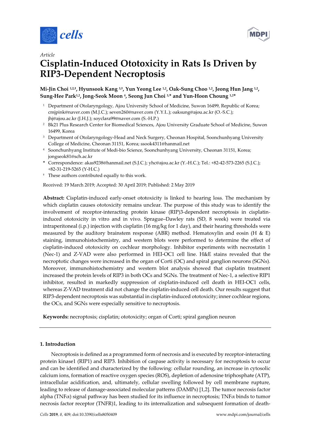 Cisplatin-Induced Ototoxicity in Rats Is Driven by RIP3-Dependent Necroptosis