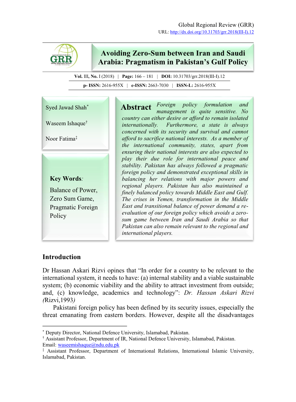 Avoiding Zero-Sum Between Iran and Saudi Arabia: Pragmatism in Pakistan's Gulf Policy