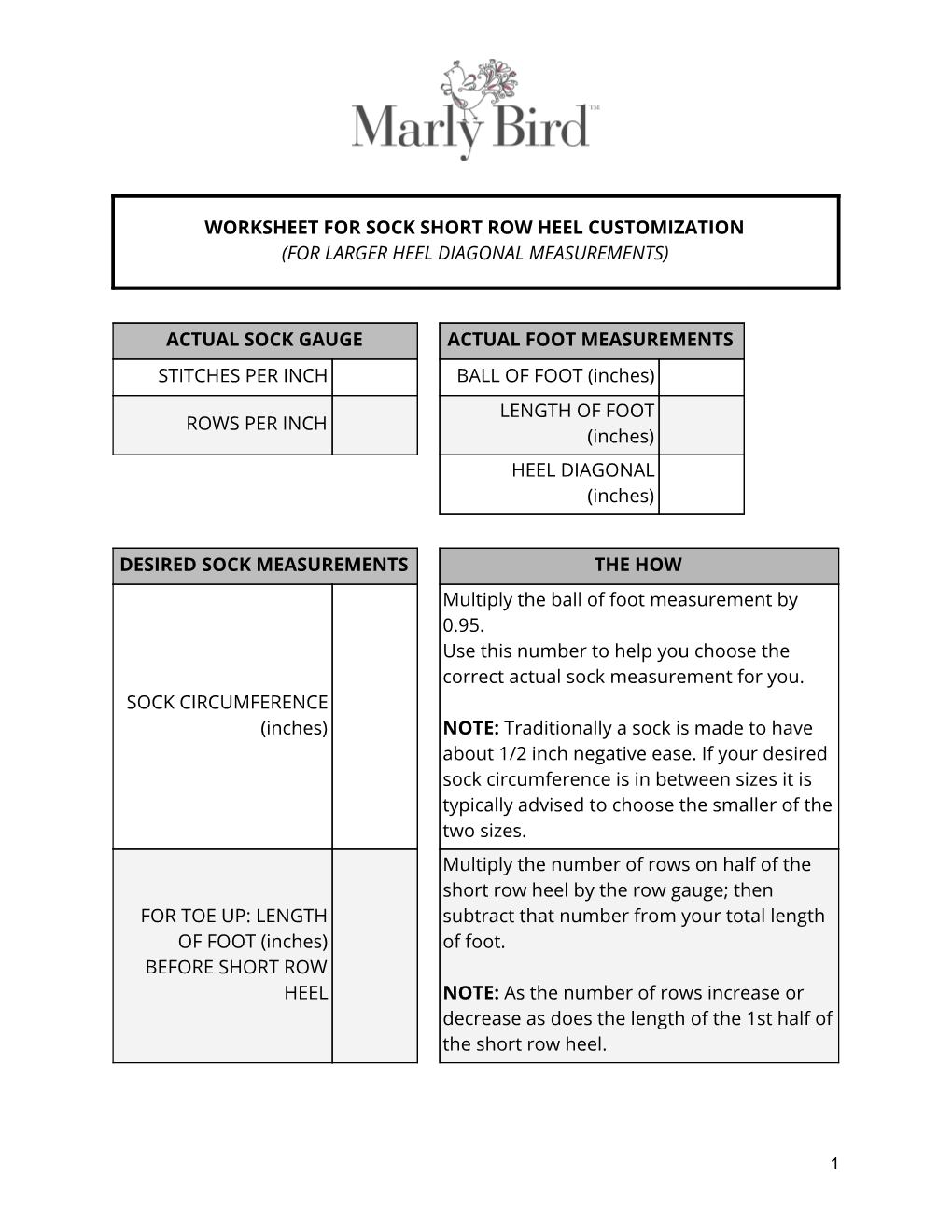 Worksheet for Sock Short Row Heel Customization (For Larger Heel Diagonal Measurements)