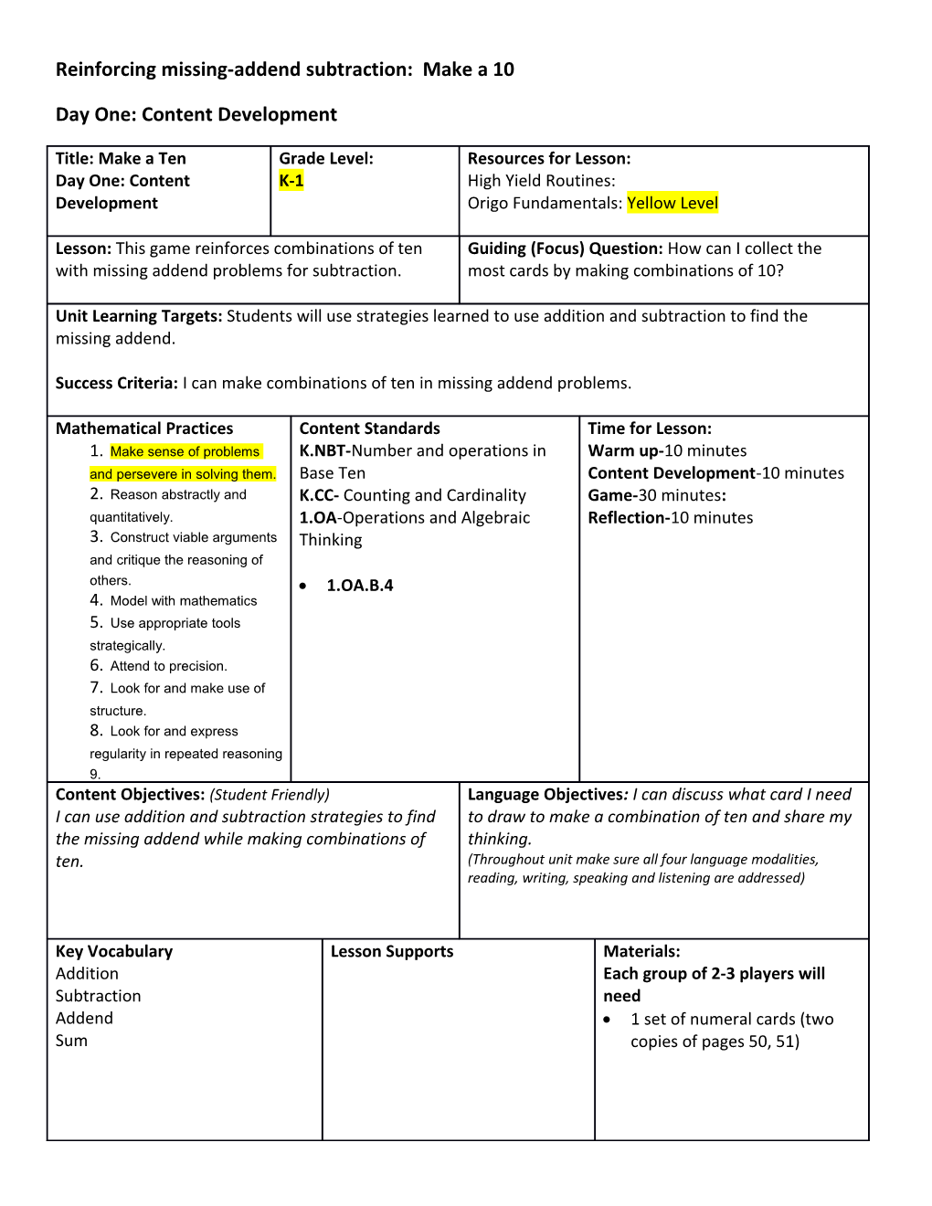 Reinforcing Missing-Addend Subtraction: Make a 10