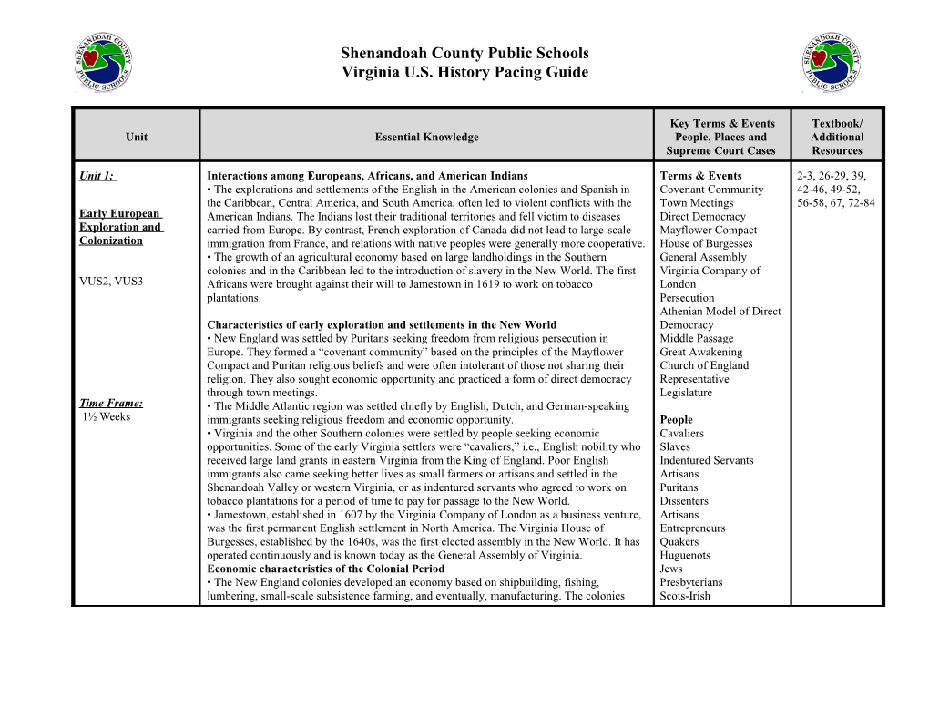 Virginia U.S. History Pacing Guide