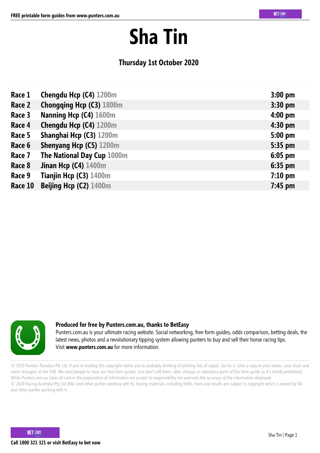 Sha Tin Printable Form Guide