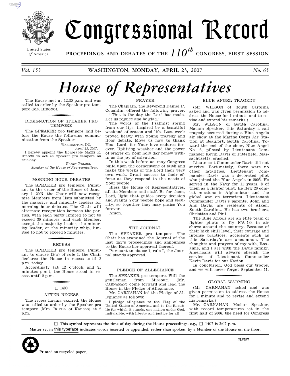 Congressional Record United States Th of America PROCEEDINGS and DEBATES of the 110 CONGRESS, FIRST SESSION