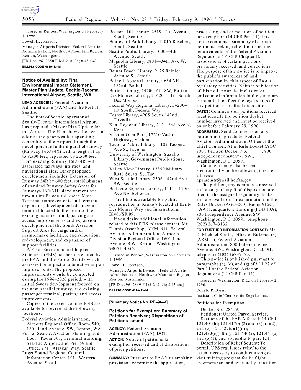 Federal Register / Vol. 61, No. 28 / Friday, February 9, 1996 / Notices