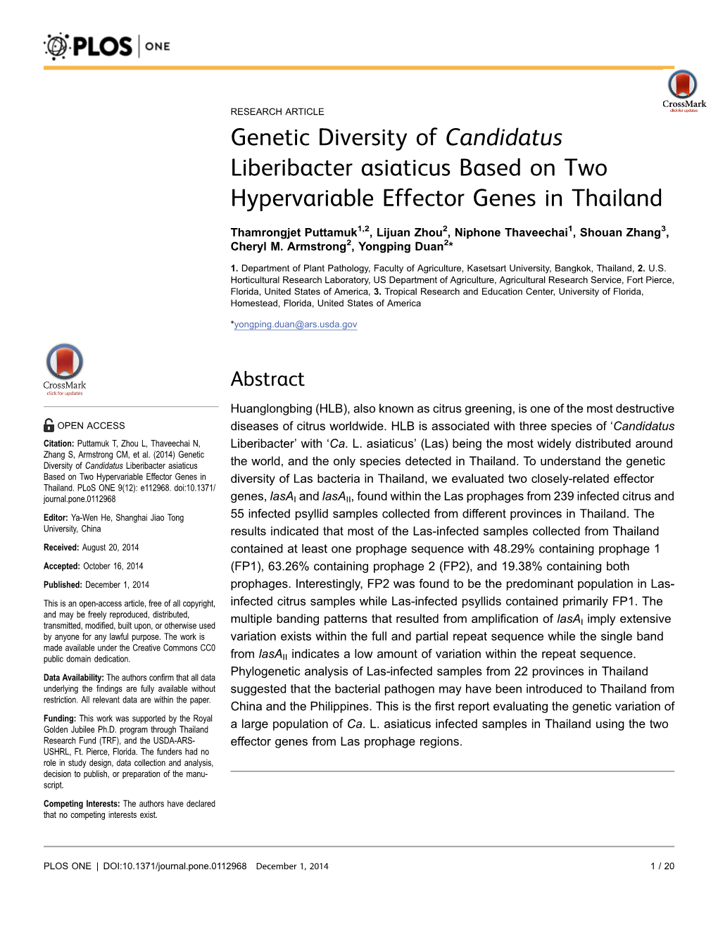 Genetic Diversity of Candidatus Liberibacter Asiaticus Based on Two Hypervariable Effector Genes in Thailand