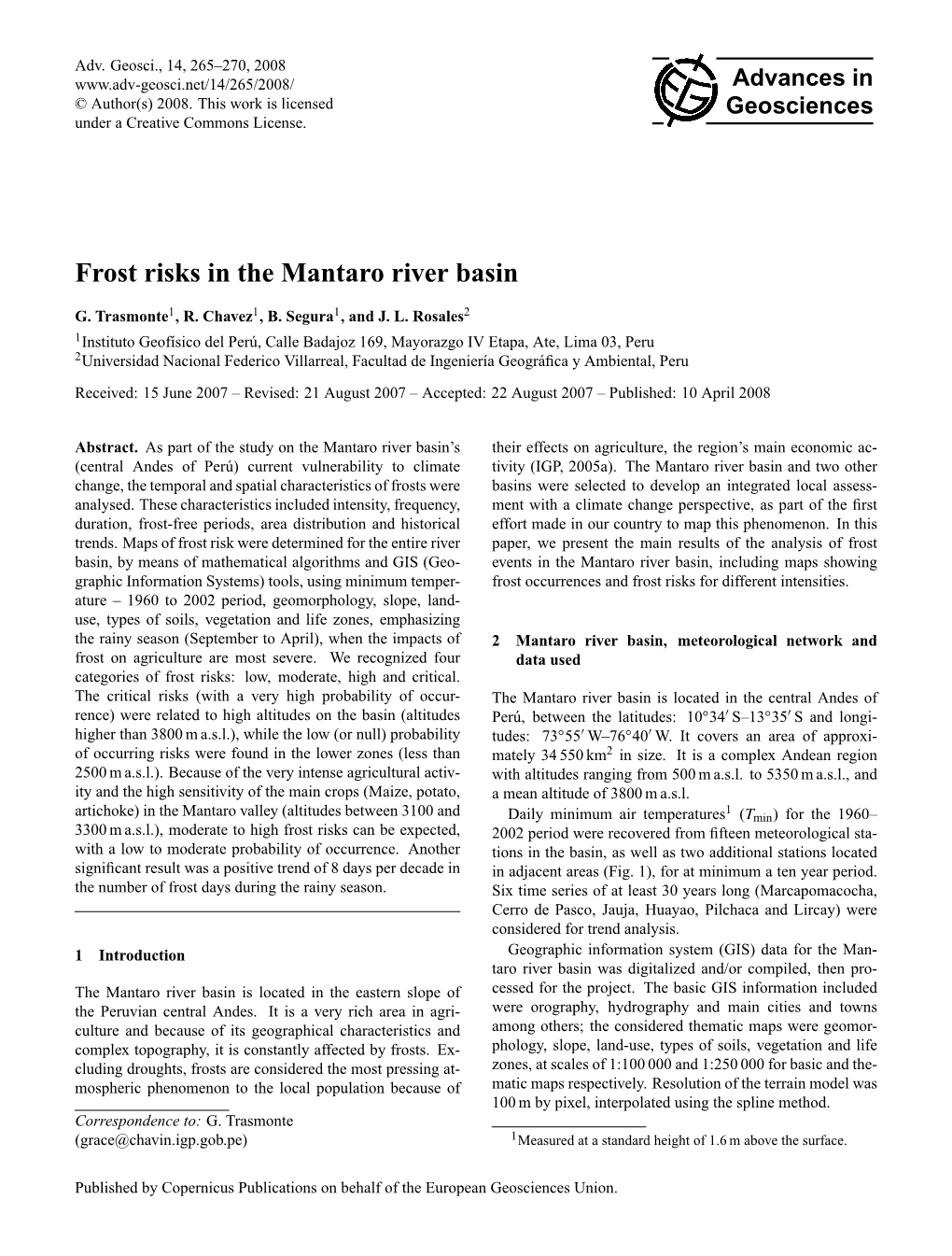 Frost Risks in the Mantaro River Basin