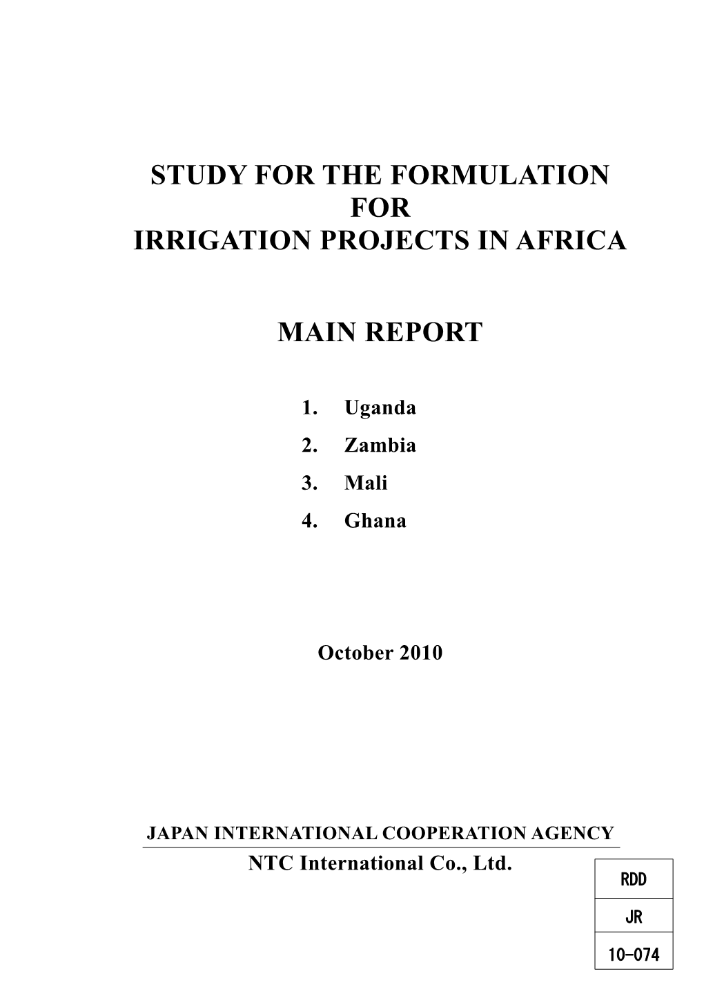 Study for the Formulation for Irrigation Projects in Africa