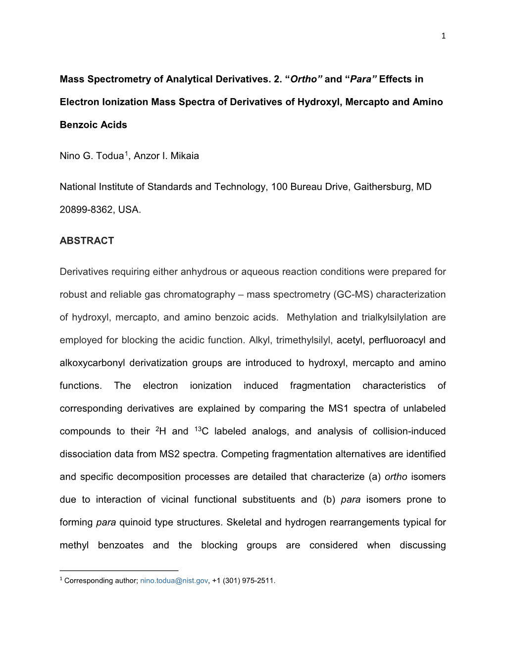 “Ortho” and “Para” Effects in Electron Ionization Mass Spectra of Deriva