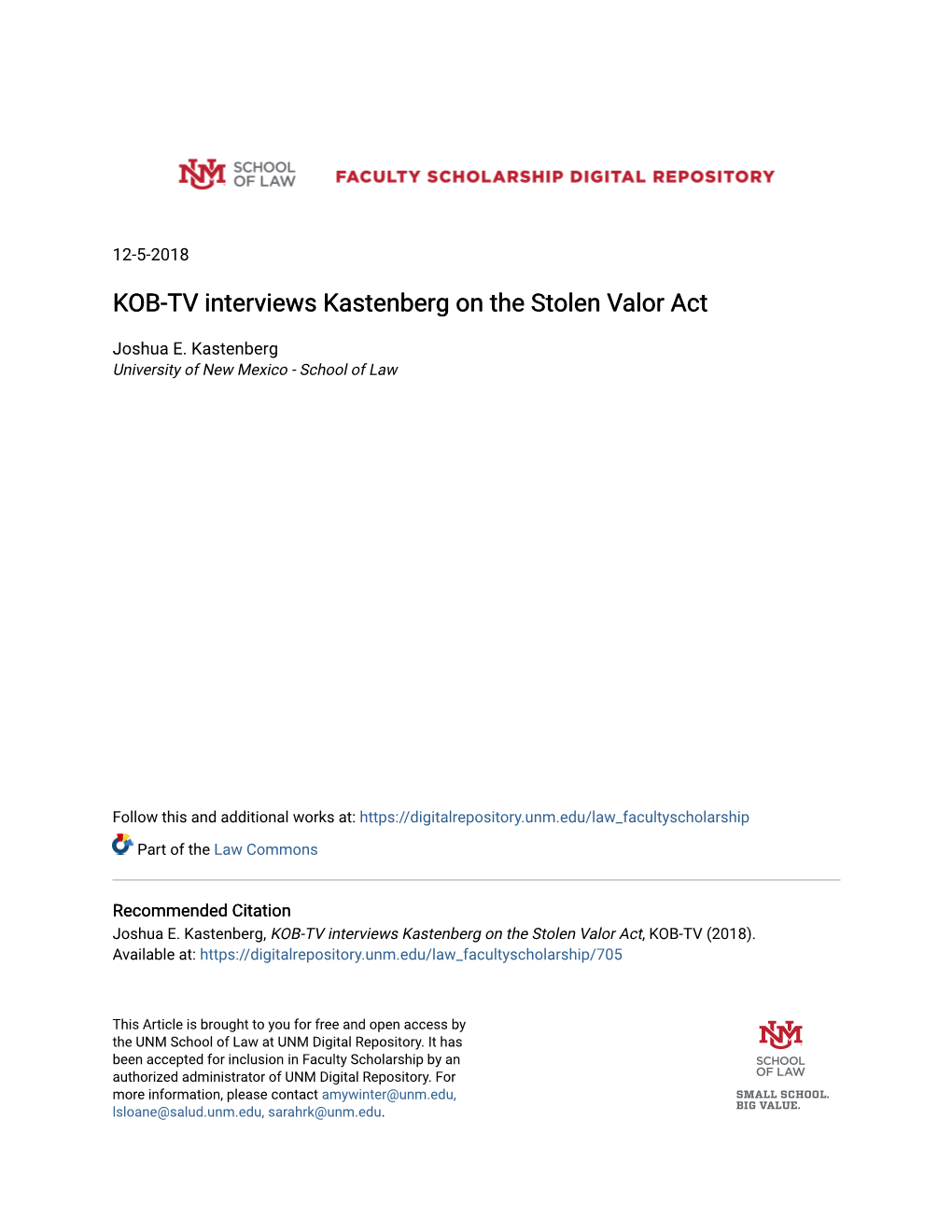 KOB-TV Interviews Kastenberg on the Stolen Valor Act