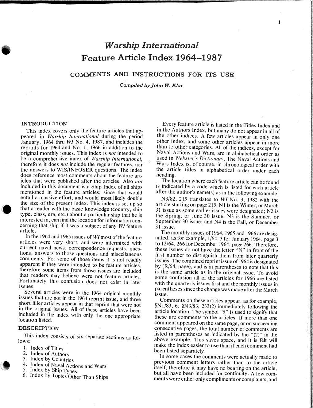 Warship Internaüonal Feature Article Index L964-L987