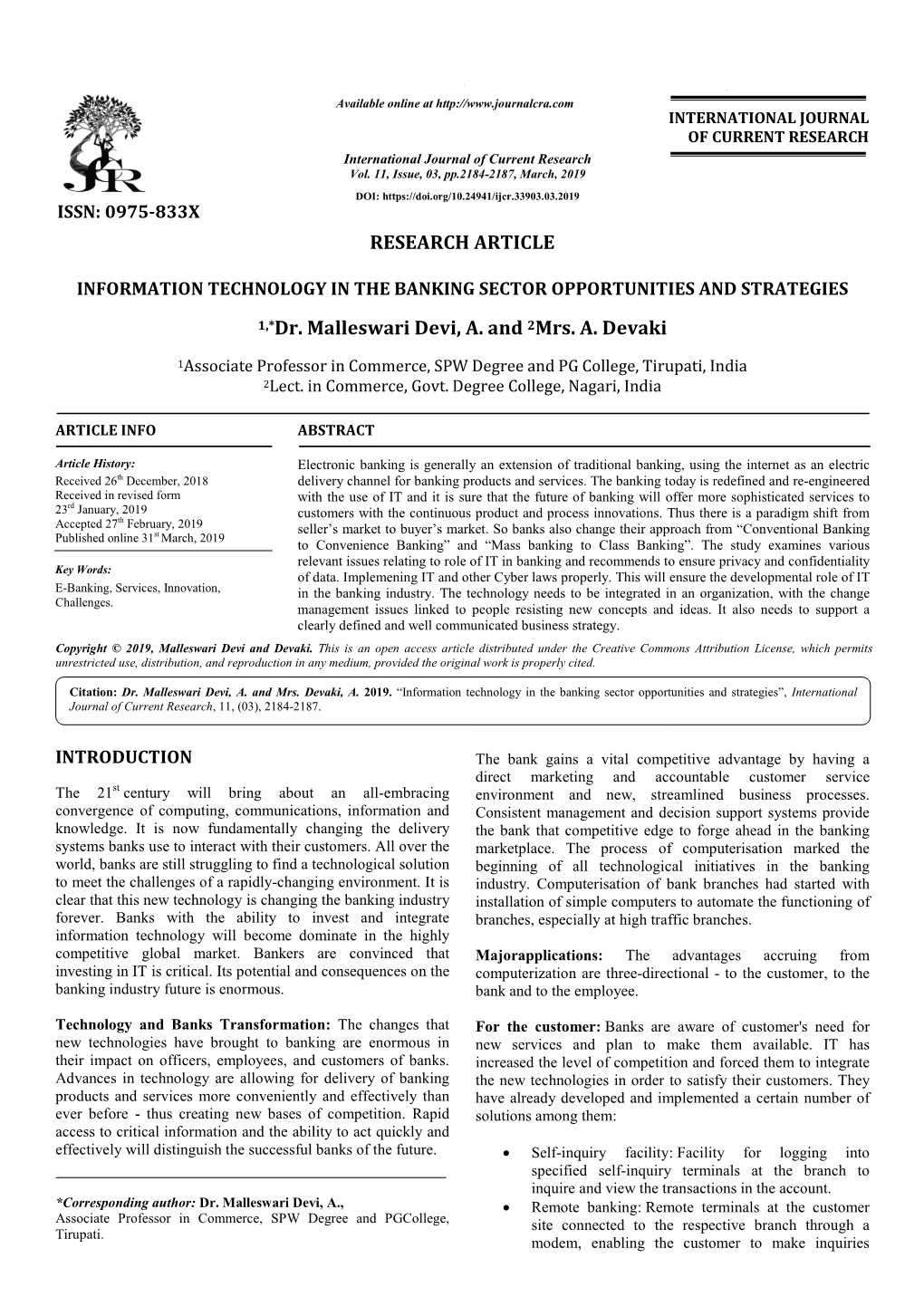 1,*Dr. Malleswari De RESEARCH ARTICLE Dr. Malleswari Devi, A. and 2Mrs. A. Devaki