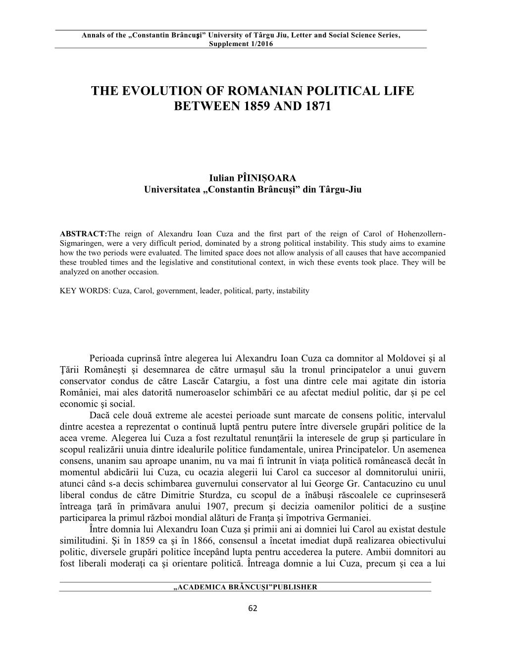 The Evolution of Romanian Political Life Between 1859 and 1871