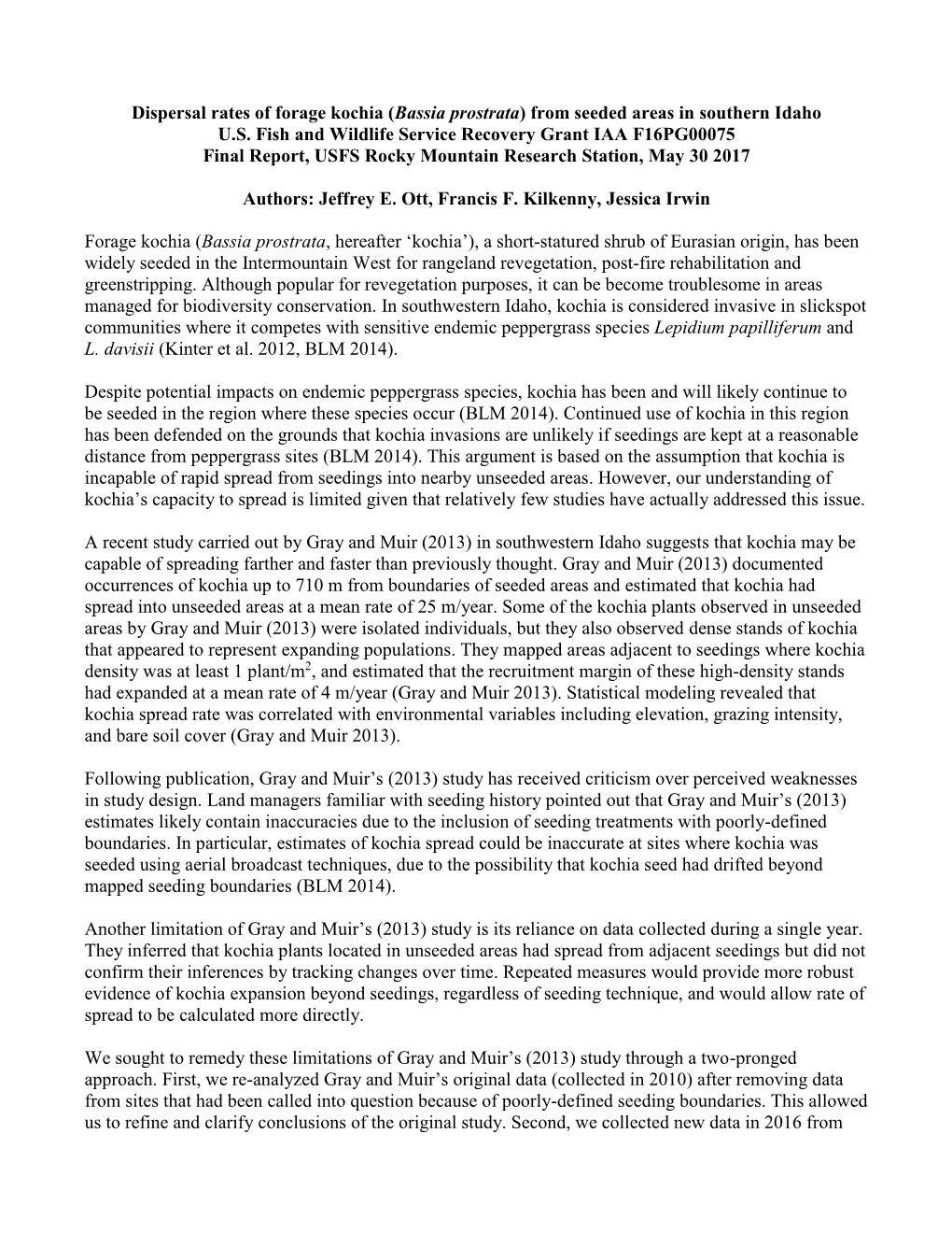 Dispersal Rates of Forage Kochia (Bassia Prostrata) from Seeded Areas in Southern Idaho U.S