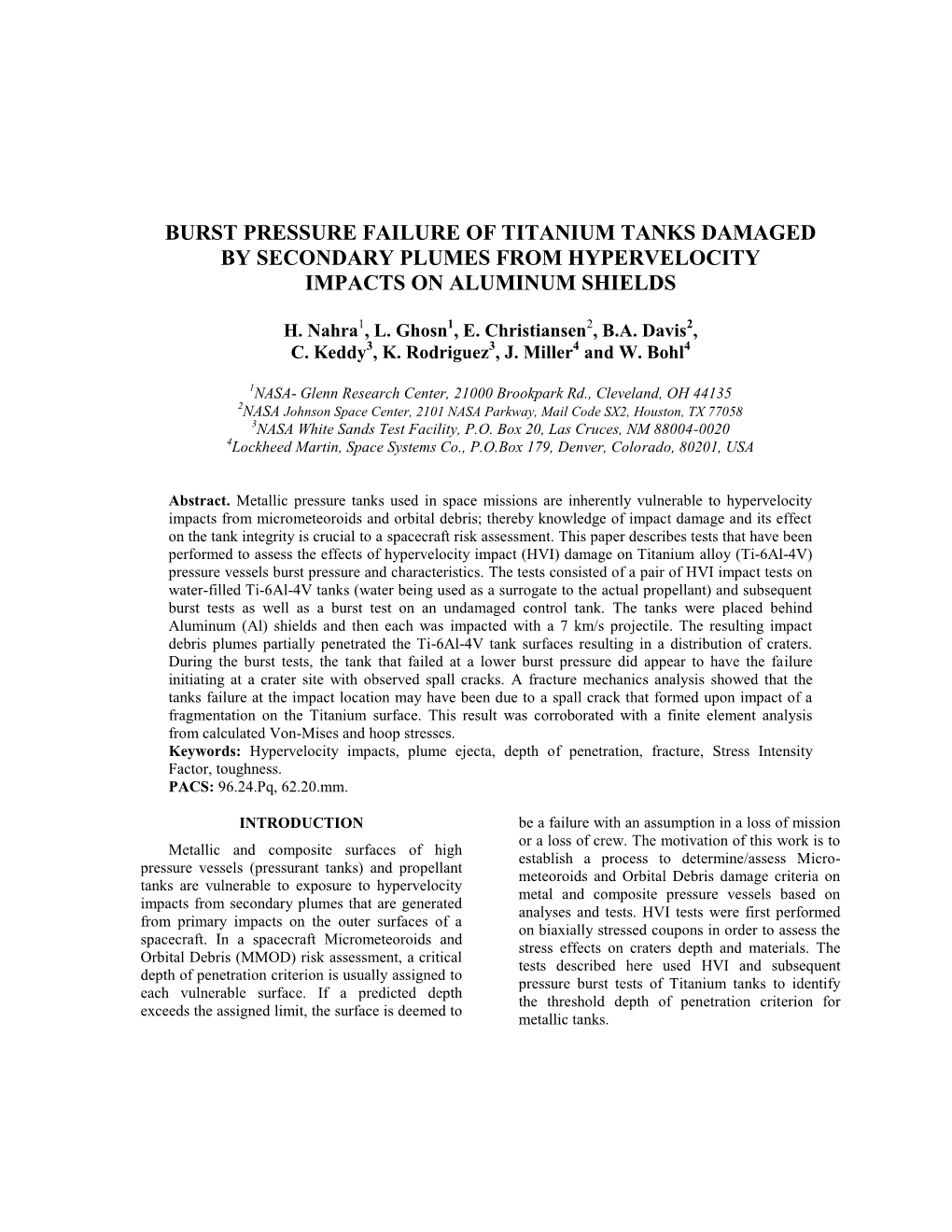 Burst Pressure Failure of Titanium Tanks Damaged by Secondary Plumes from Hypervelocity Impacts on Aluminum Shields