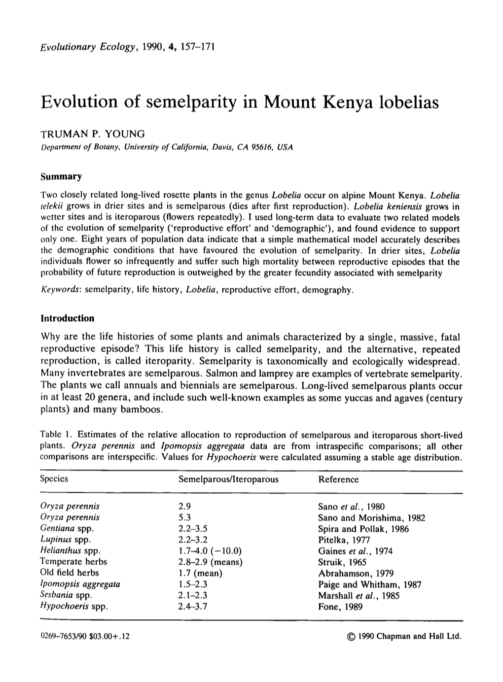 Evolution of Semelparity in Mount Kenya Lobelias