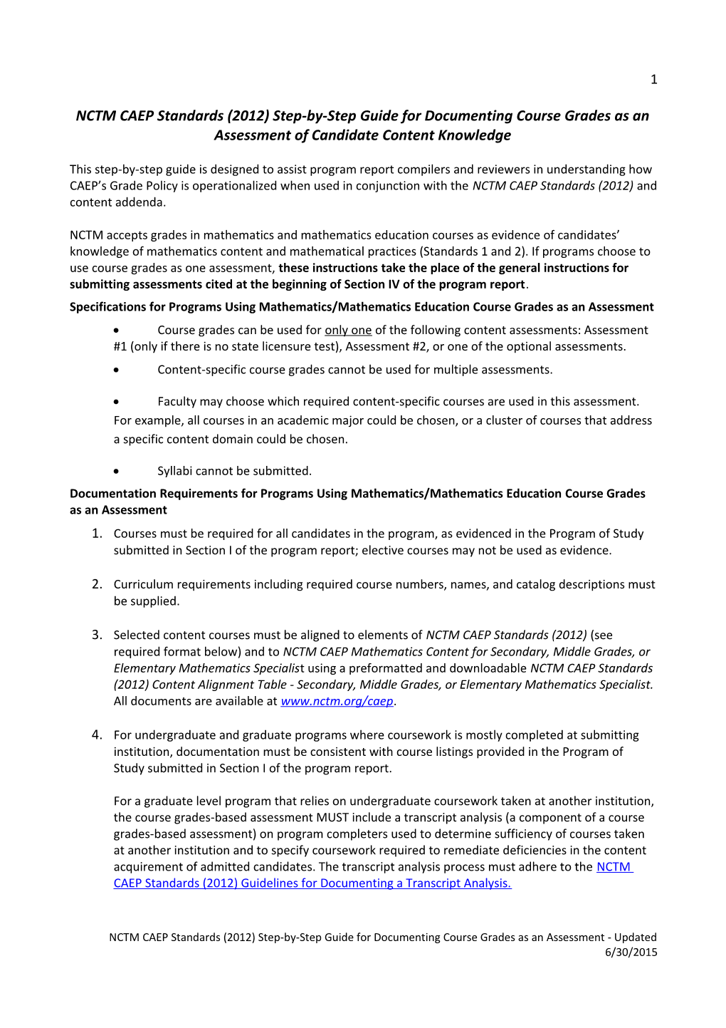 NCTM Standards 2012 Step-By-Step Guide for Using and Documenting Course Grades