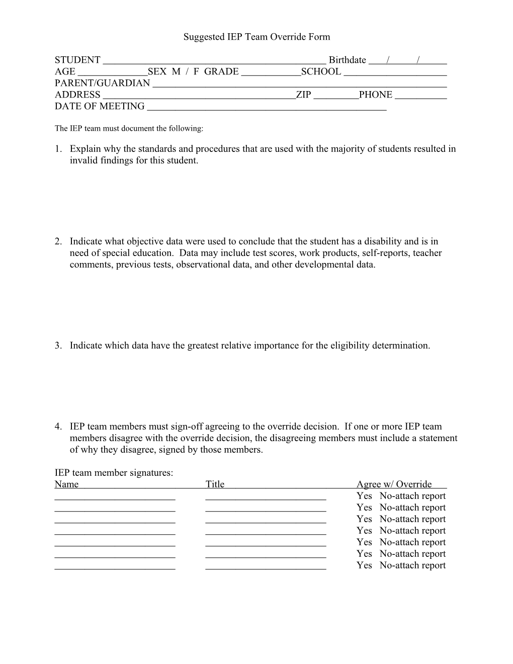 Suggested IEP Team Override Form