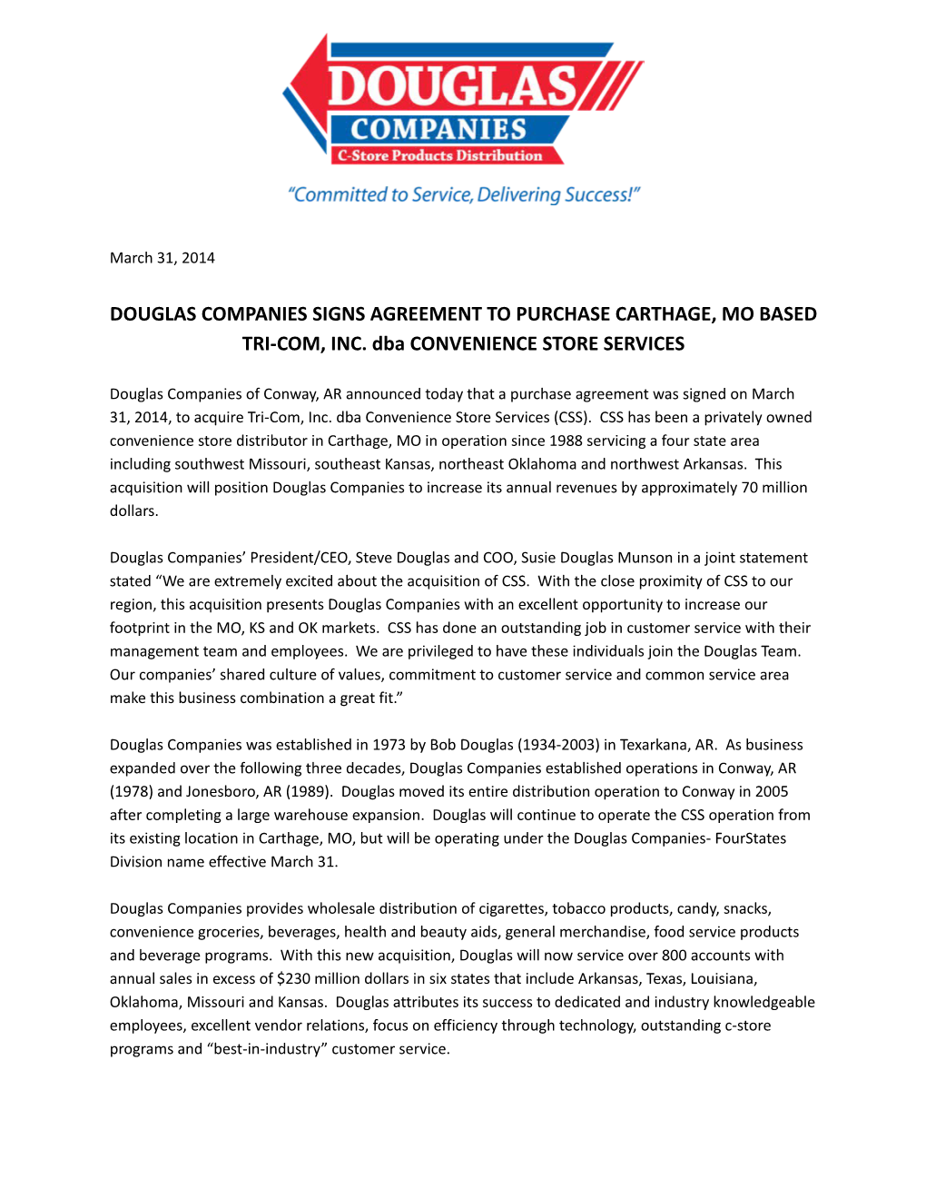 Douglas Companies Signs Agreement to Purchase Carthage, Mo Based Tri-Com, Inc