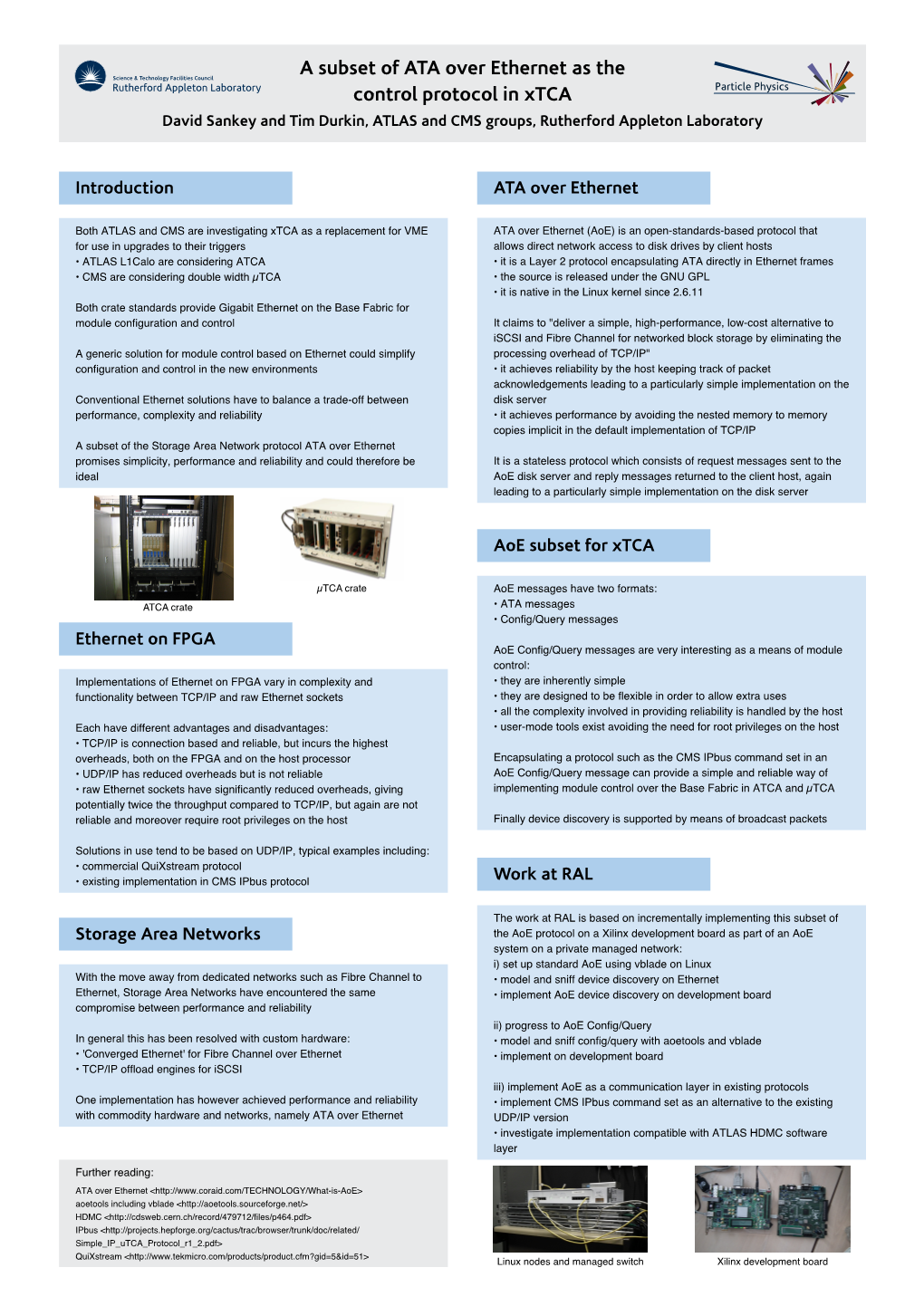 A Subset of ATA Over Ethernet As the Control Protocol in Xtca Particle Physics David Sankey and Tim Durkin, ATLAS and CMS Groups, Rutherford Appleton Laboratory