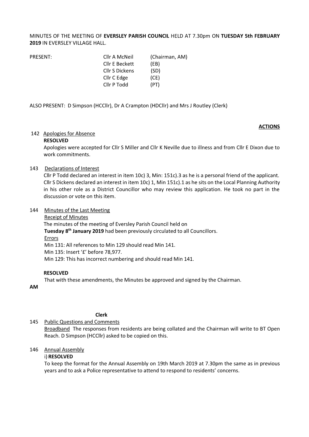 Minutes of the Meeting of the Eversley Parish Council