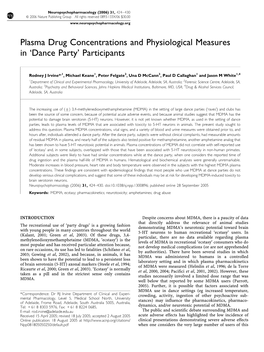 Plasma Drug Concentrations and Physiological Measures in ‘Dance Party’ Participants