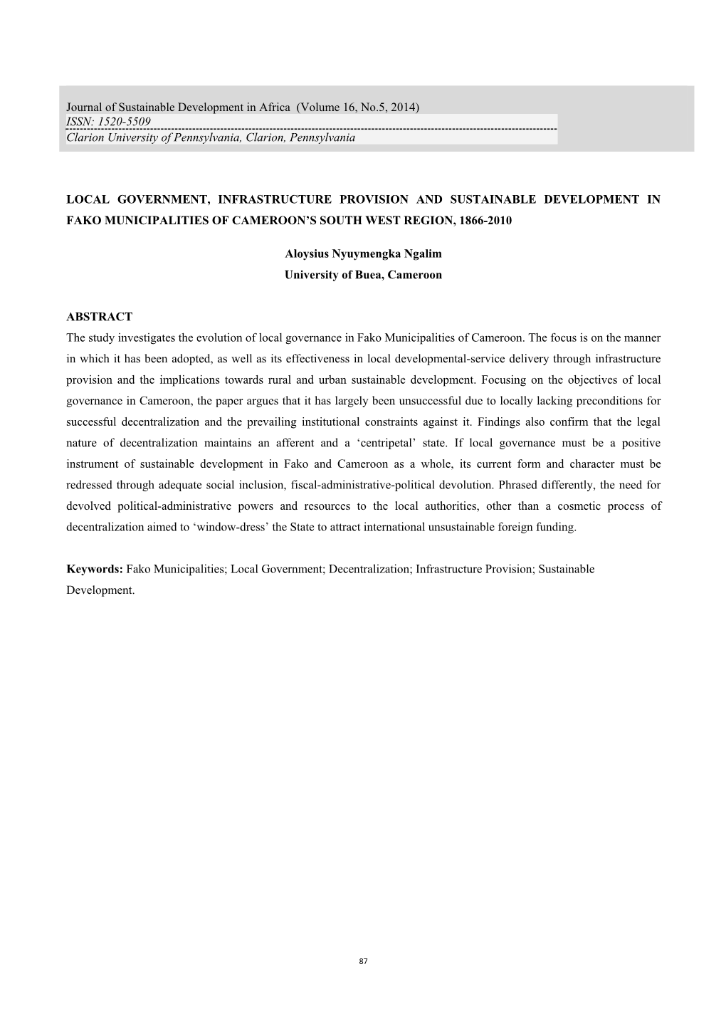 Local Government, Infrastructure Provision and Sustainable Development in Fako Municipalities of Cameroon’S South West Region, 1866-2010