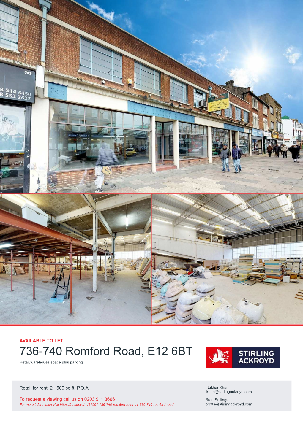 736-740 Romford Road, E12 6BT Retail/Warehouse Space Plus Parking