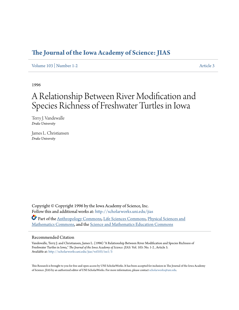 A Relationship Between River Modification and Species Richness of Freshwater Turtles in Iowa Terry J