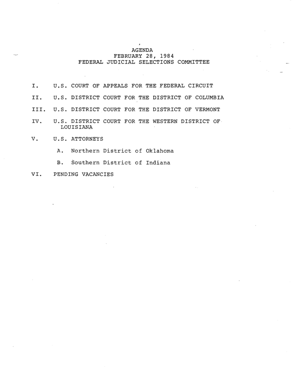 I. Ii. Iii. Iv. Vi. Agenda February 28, 1984 Federal Judicial