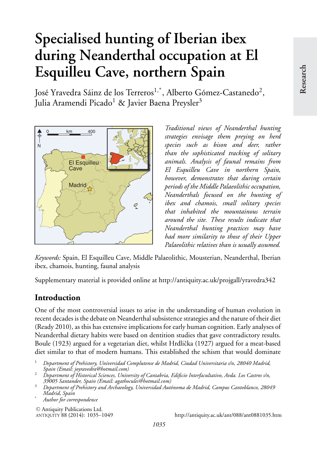 Specialised Hunting of Iberian Ibex During Neanderthal Occupation at El Esquilleu Cave, Northern Spain the ﬁeld