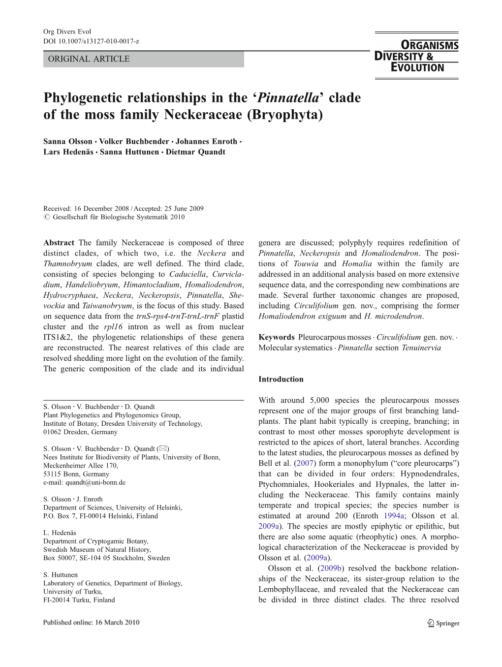 Phylogenetic Relationships in the 'Pinnatella' Clade of the Moss Family Neckeraceae (Bryophyta)