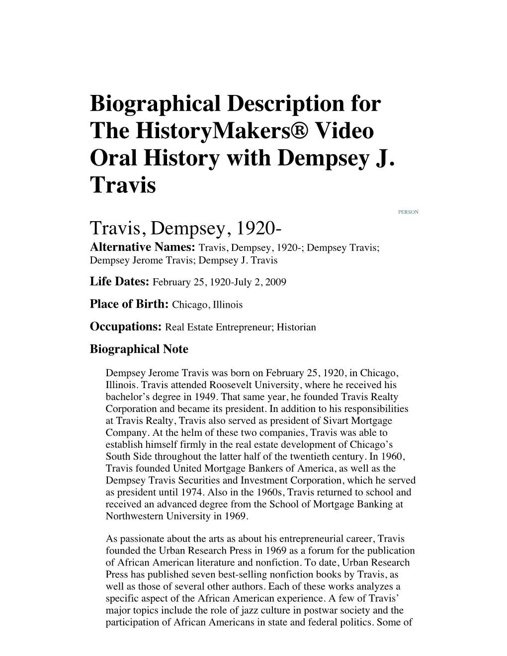 Biographical Description for the Historymakers® Video Oral History with Dempsey J