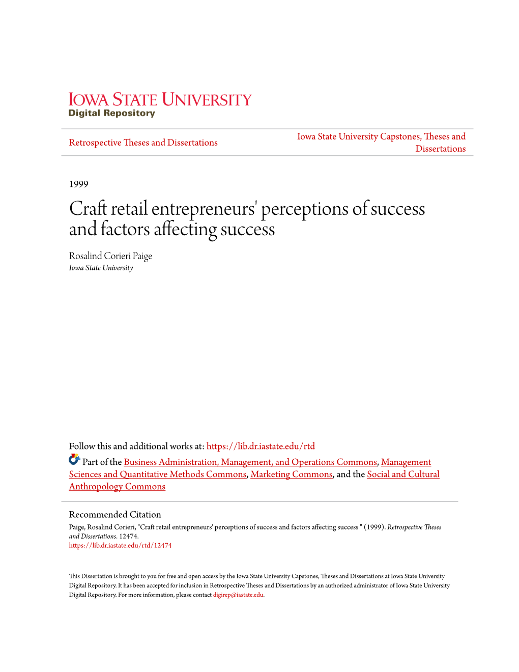Craft Retail Entrepreneurs' Perceptions of Success and Factors Affecting