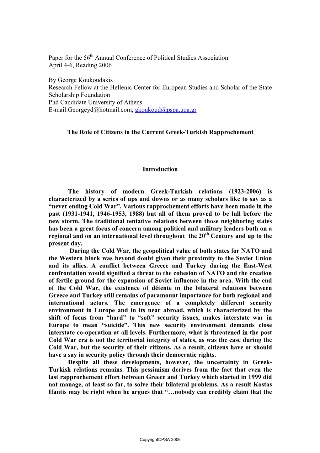 The Role of Citizens in the Current Greek-Turkish Rapprochement
