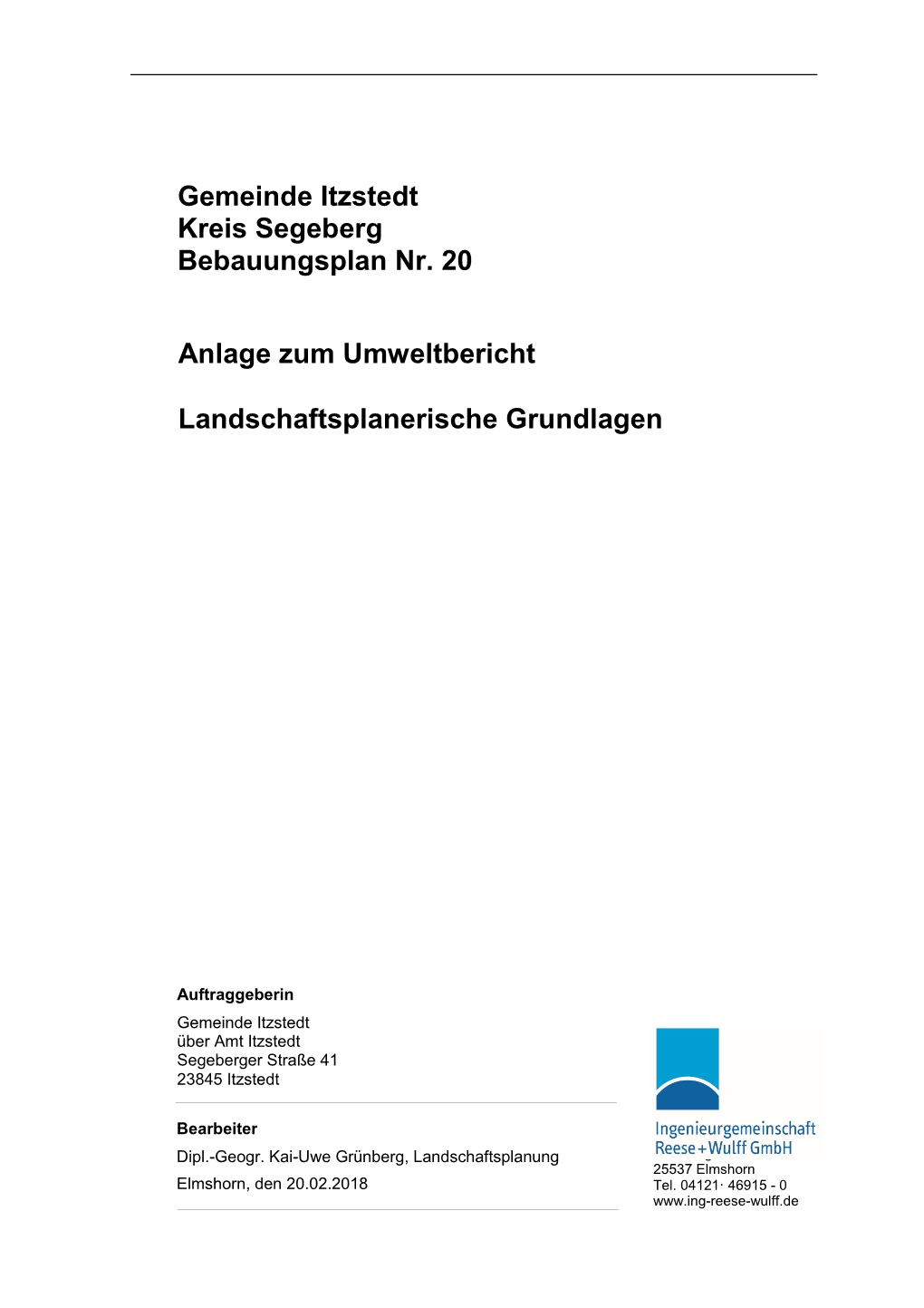 Gemeinde Itzstedt Kreis Segeberg Bebauungsplan Nr. 20 Anlage Zum